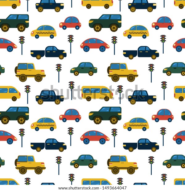 Seamless background with funny cartoon cars,\
side view, and traffic lights. Pattern with stylized child\'s\
drawing of vehicles.