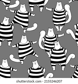 Seamless background. Funny cartoon cats in striped swimsuits. White cats in black and white bathing suits. Dark gray background. 