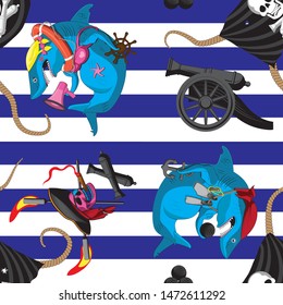 Seamless background with funny cartoon characters shark pirates on a Maritime striped background. For printing banner paper fabric. Vector image. EPS 10