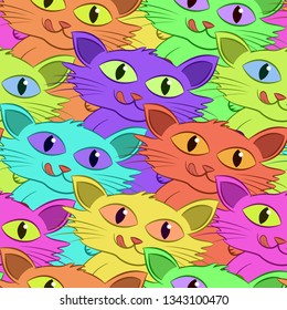 Seamless Background, Funny Cartoon Colorful Cats, Tile Pattern. Vector