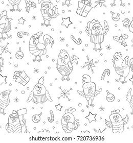 Seamless background with funny cartoon contour Cockerel and snowflakes on a white  background