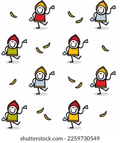 Seamless background with funny cartoon girls in traditional russian costumes dancing folk daces. Vector endless illustration ofstick figure women.