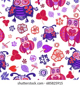 Seamless background with funny cartoon insects on the white background