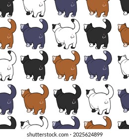 Seamless background with funny cats. Spotted cats. Back view 