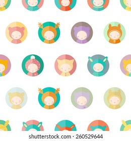 Seamless background with funny characters dressed as animals. Kids illustration in vector