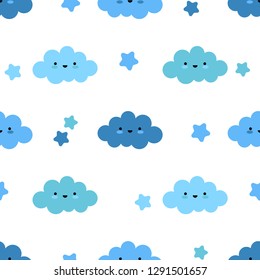 Seamless background with funny clouds. Kawaii. Cute cartoon. Vector illustration. Can be used for wallpaper, textile, invitation card, wrapping, web page background.