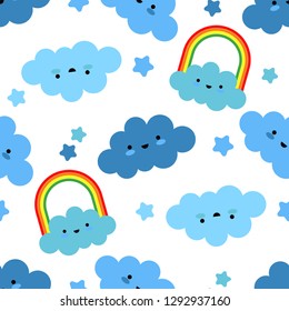 Seamless background with funny clouds Kawaii. Cute cartoon. Vector illustration. Can be used for wallpaper, textile, invitation card, wrapping, web page background.