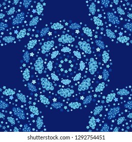 Seamless background with funny clouds. Mandala. Kawaii. Cute cartoon. Vector illustration. Can be used for wallpaper, textile, invitation card, wrapping, web page background.