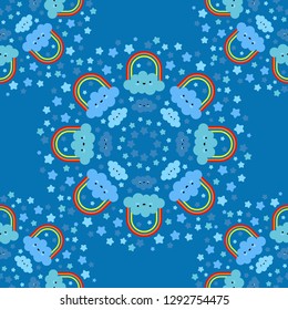 Seamless background with funny clouds. Mandala. Kawaii. Cute cartoon. Vector illustration. Can be used for wallpaper, textile, invitation card, wrapping, web page background.