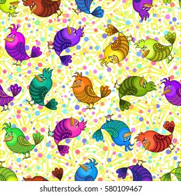 Seamless Background with Funny Colorful Birds, Cute Cartoon Characters of Different Colors and Moods, Sad, Angry, Cheerful and Insidious, Tile Pattern for your Design. Vector