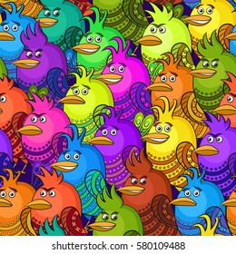 Seamless Background with Funny Colorful Birds, Cute Cartoon Characters of Different Colors and Moods, Sad, Angry, Cheerful and Insidious, Tile Pattern for your Design. Vector