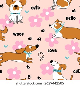 Seamless background with funny dogs. Cute dogs of different breeds with flowers on a pink background. Vector background. Perfect for kids fabric, textile, nursery decoration,wrapping paper.