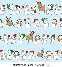 SEAMLESS BACKGROUND WITH FUNNY EMOTIONAL SNOWMAN