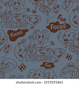 Seamless background with funny faces of anthropomorphic creatures. Humorous characters with different emotions