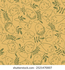 Seamless background with funny faces of anthropomorphic creatures. Humorous characters with different emotions