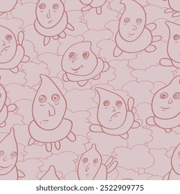 Fondo sin fisuras con caras divertidas de criaturas antropomórficas. Personajes humorísticos con diferentes emociones
