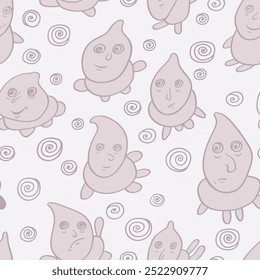 Seamless background with funny faces of anthropomorphic creatures. Humorous characters with different emotions