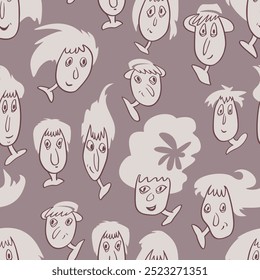 Fondo sin fisuras con caras divertidas de criaturas antropomórficas. Personajes humorísticos con diferentes emociones