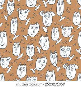 Fondo sin fisuras con caras divertidas de criaturas antropomórficas. Personajes humorísticos con diferentes emociones