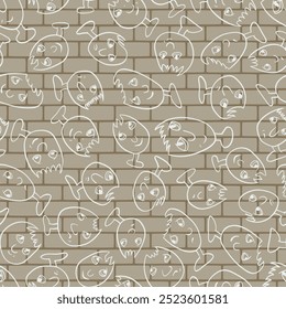 Seamless background with funny faces of anthropomorphic creatures. Humorous characters with different emotions