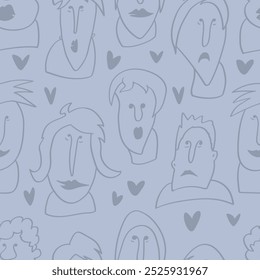 Fondo sin fisuras con caras divertidas de criaturas antropomórficas. Personajes humorísticos con diferentes emociones