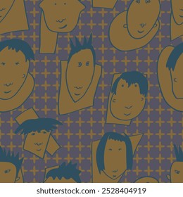Seamless background with funny faces of anthropomorphic creatures. Humorous characters with different emotions