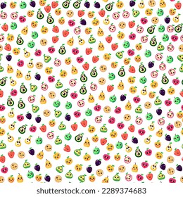 Seamless background of funny fruits with smiling faces: apple, pear, avocado, strawberry, orange