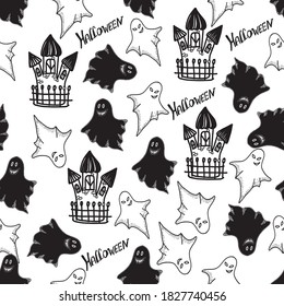 Seamless background. Funny ghosts fly from the castle in different directions. doodle. Handwritten lettering. Halloween. Can be used in children's stationery, holiday decoration, textiles.