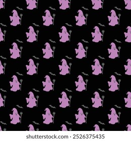 Seamless background with funny ghosts. Vector pattern with cute characters in cartoon style. 