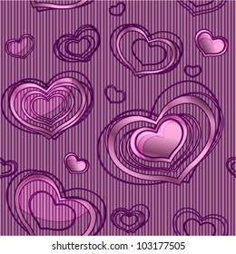 Seamless background with funny glossy pink hearts on striped background. (vector)