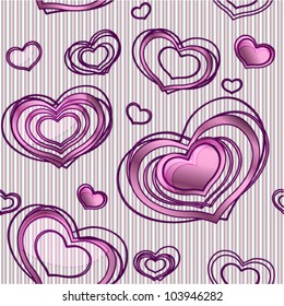 Seamless background with funny glossy pink hearts on striped background. (vector)
