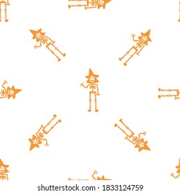Seamless background with funny Halloween hand drawn vector skeletons