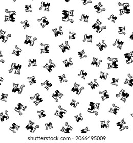 Seamless background with funny hand-drawn cats in patterns. Vector illustration with animals. Freehand drawing of a pet. Background for fabric, textile design, wrapping paper.