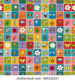 Seamless background with funny insects on colorful squares. Cute fly, butterfly, dragonfly, snail, beetle, caterpillar, ant, spider, ladybug, grasshopper, bee. Childish illustration  in cartoon style.