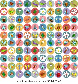 Seamless background with funny insects on stickers. Cute fly, butterfly, dragonfly, snail, beetle, caterpillar, ant, spider, ladybug, grasshopper, bee, mosquito. Childish illustration.