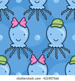 Seamless background of funny jellyfish