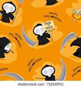 Seamless background. Funny little death in different poses with a large scythe, pumpkin, candy and title Happy Halloween isolated on orange background. Cartoon style. Vector illustration