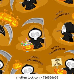 Seamless background. Funny little death in different poses with a large scythe, pumpkin, candy and title Happy Halloween isolated on orange background. Cartoon style. Vector illustration