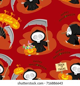 Seamless background. Funny little death in different poses with a large scythe, pumpkin, candy and title Happy Halloween isolated on orange background. Cartoon style. Vector illustration