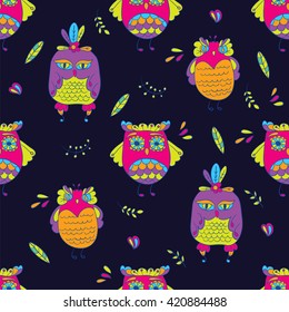 Seamless background with funny owls. Vector illustration. 