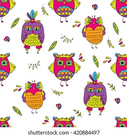 Seamless background with funny owls. Vector illustration. 
