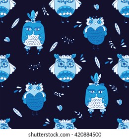 Seamless background with funny owls. Vector illustration. 