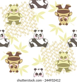 seamless background of funny pandas, with different muzzles on bamboo