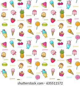 Seamless background with funny pictures of sweets, fruit and ice cream