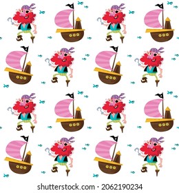 Seamless background with funny pirates and ships. Vector illustration in children s cartoon style. Printing on textiles, print design, postcards.