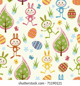 Seamless background with funny rabbits, decorated eggs, trees, flowers and butterflies