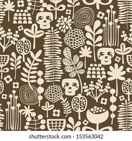 Seamless background with funny sculls and flowers. Vector pattern.