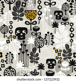 Seamless background with funny sculls. Vector pattern of cemetery.