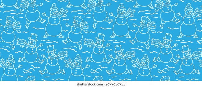 seamless background funny smiling outline snowmen on ice skates in various poses christmas season characters children print banner holiday decoration