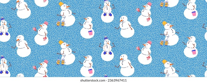 Seamless background with funny snowmen. Vector background with snowman and snow characters. Flat illustration in retro style.